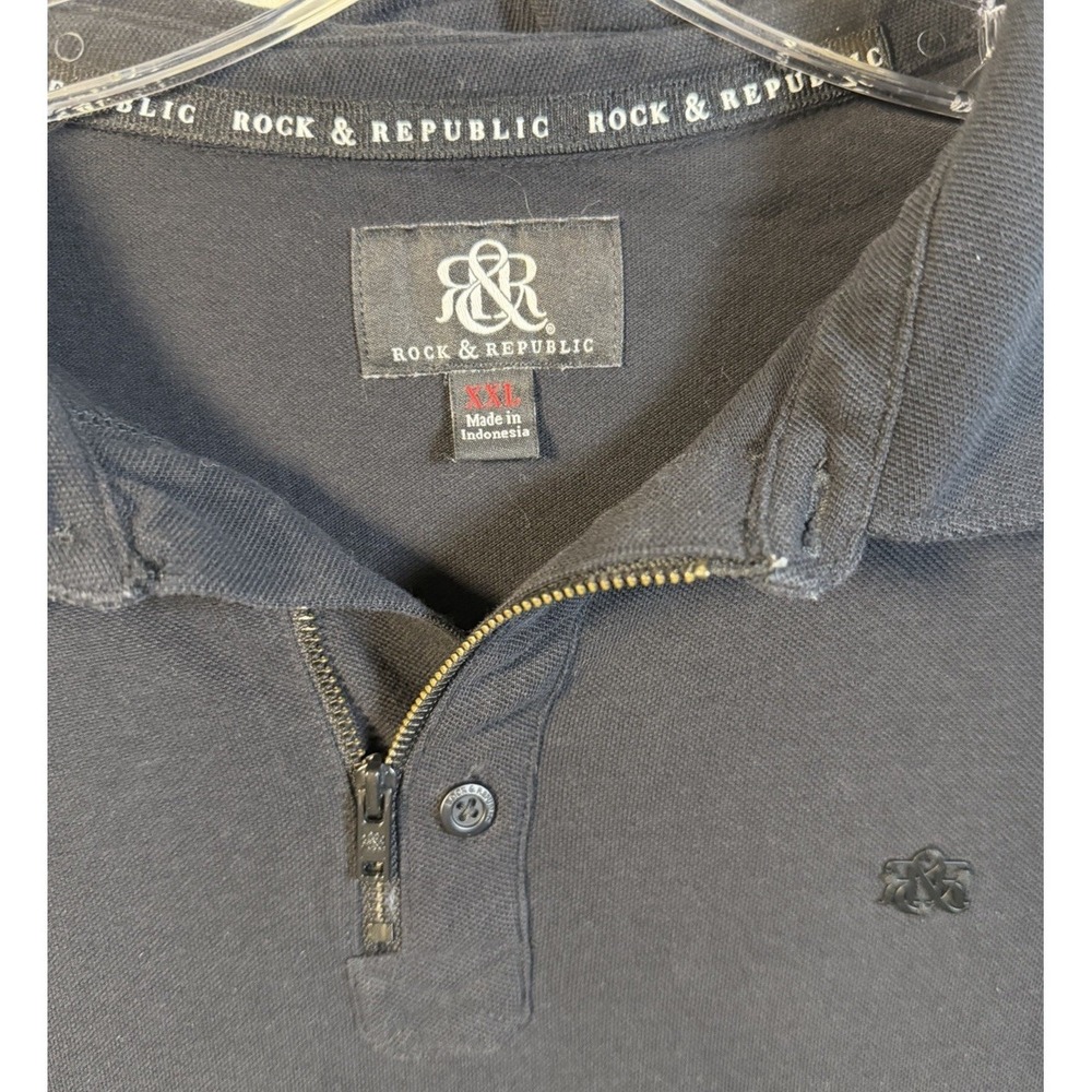 Rock & Republic Mens XXL Black Pique Polo Shirt Short Sleeve Zip Button Hybrid